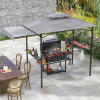 Gazebo per barbecue 250 x 203cm con tendalino laterale tetto a 2 livelli 2 ripiani laterali-Rifugio per barbecue Grigio