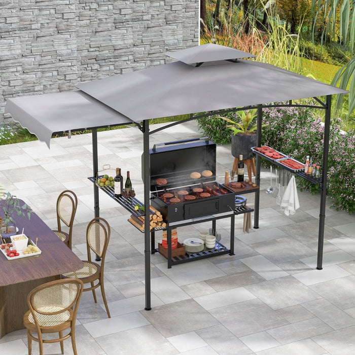 Gazebo per barbecue 250 x 203cm con tendalino laterale tetto a 2 livelli 2 ripiani laterali-Rifugio per barbecue Grigio