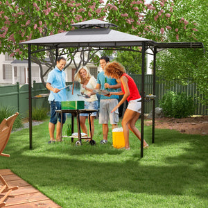 Gazebo per barbecue 250 x 203cm con tendalino laterale tetto a 2 livelli 2 ripiani laterali-Rifugio per barbecue Grigio