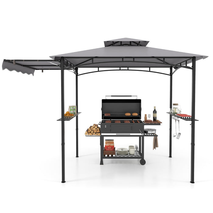 Gazebo per barbecue 250 x 203cm con tendalino laterale tetto a 2 livelli 2 ripiani laterali-Rifugio per barbecue Grigio