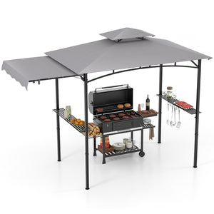 Gazebo per barbecue 250 x 203cm con tendalino laterale tetto a 2 livelli 2 ripiani laterali-Rifugio per barbecue Grigio