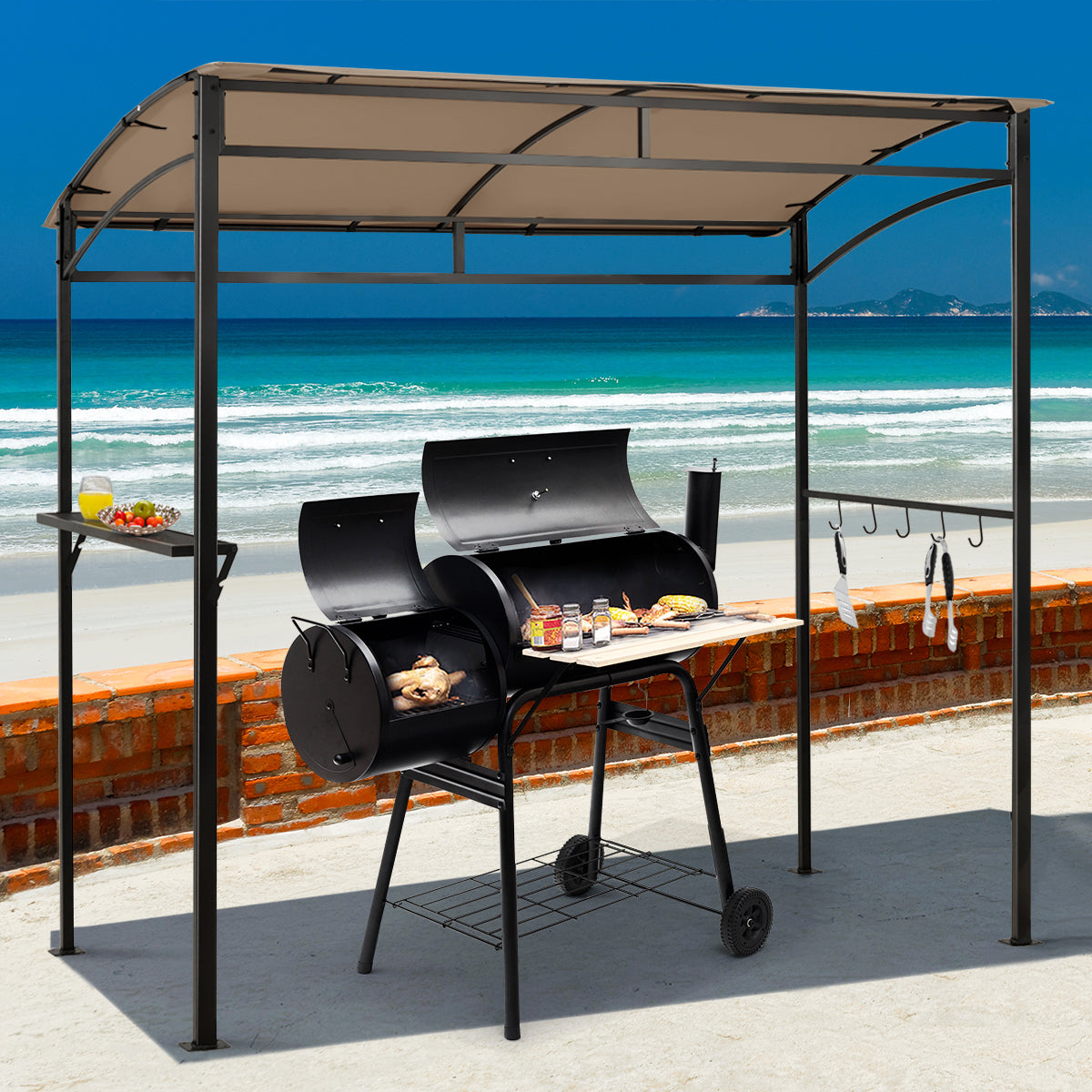 Gazebo per barbecue da 216cm con ripiano ganci e struttura in metallo, Pergola per BBQ da esterno Marrone-Gazebo