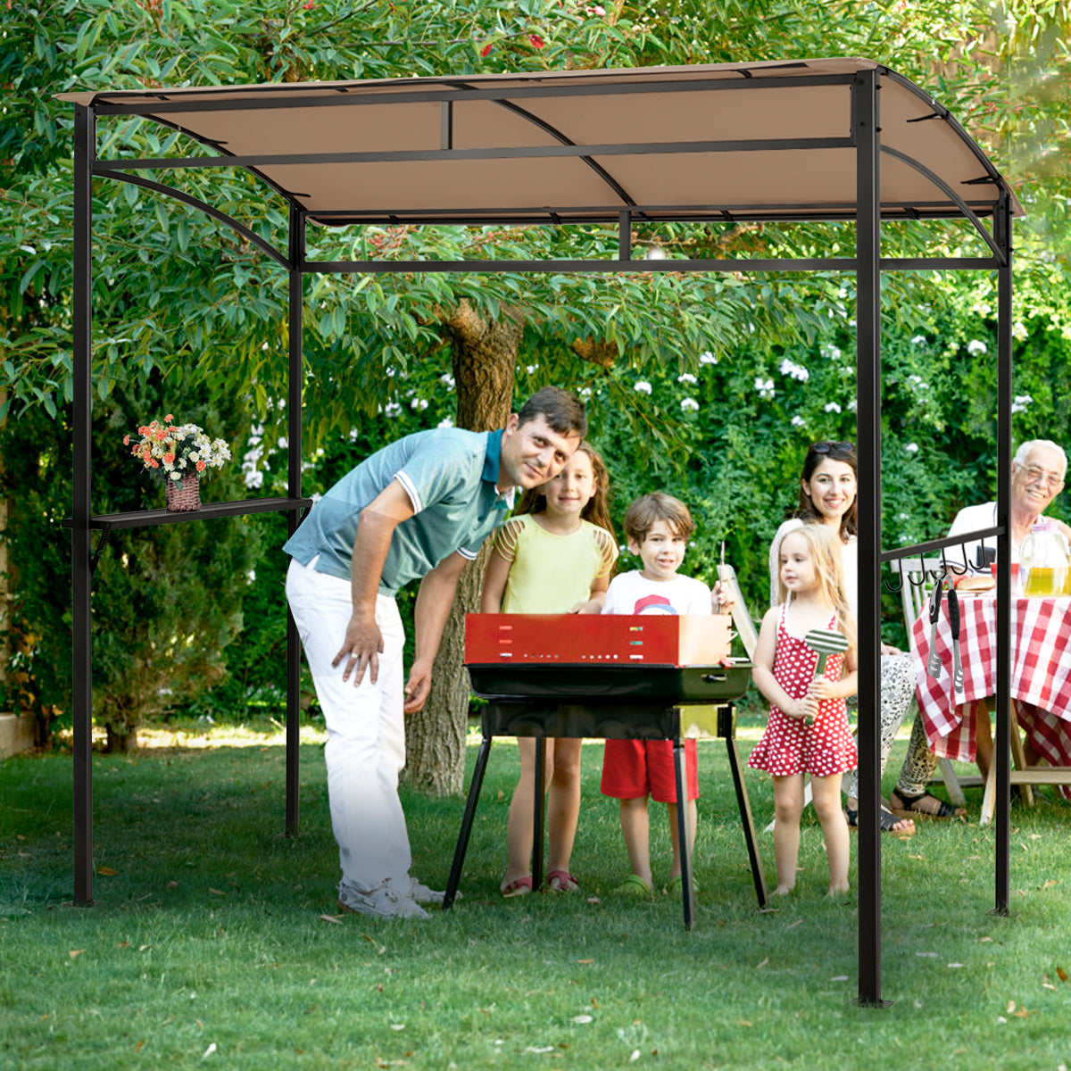 Gazebo per barbecue da 216cm con ripiano ganci e struttura in metallo, Pergola per BBQ da esterno Marrone-Gazebo