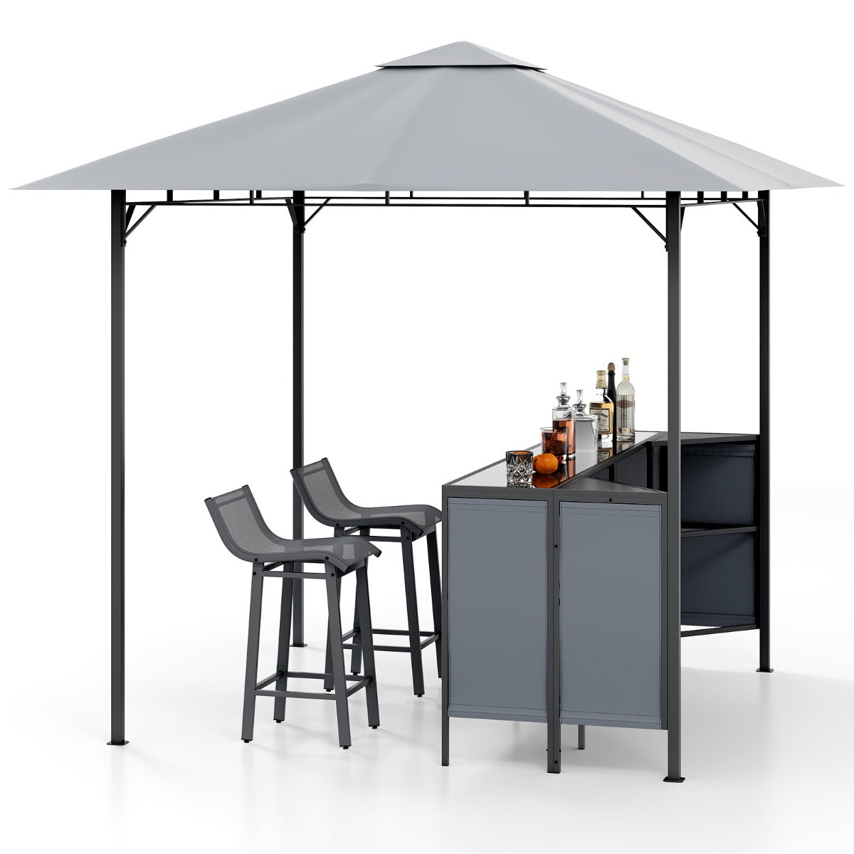 Gazebo per griglia con doppio piano 245 x 245 cm con 2 sgabelli in giardino-Set da bar da patio 3 pezzi ripiano di stoccaggio Grigio