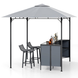 Gazebo per griglia con doppio piano 245 x 245 cm con 2 sgabelli in giardino-Set da bar da patio 3 pezzi ripiano di stoccaggio Grigio