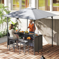 Gazebo per griglia con doppio piano 245 x 245 cm con 2 sgabelli in giardino-Set da bar da patio 3 pezzi ripiano di stoccaggio Grigio