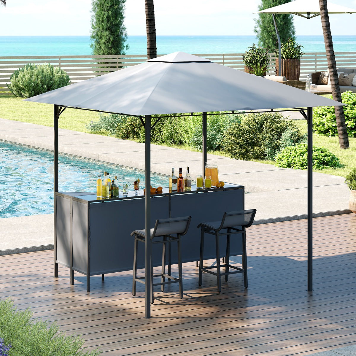 Gazebo per griglia con doppio piano 245 x 245 cm con 2 sgabelli in giardino-Set da bar da patio 3 pezzi ripiano di stoccaggio Grigio