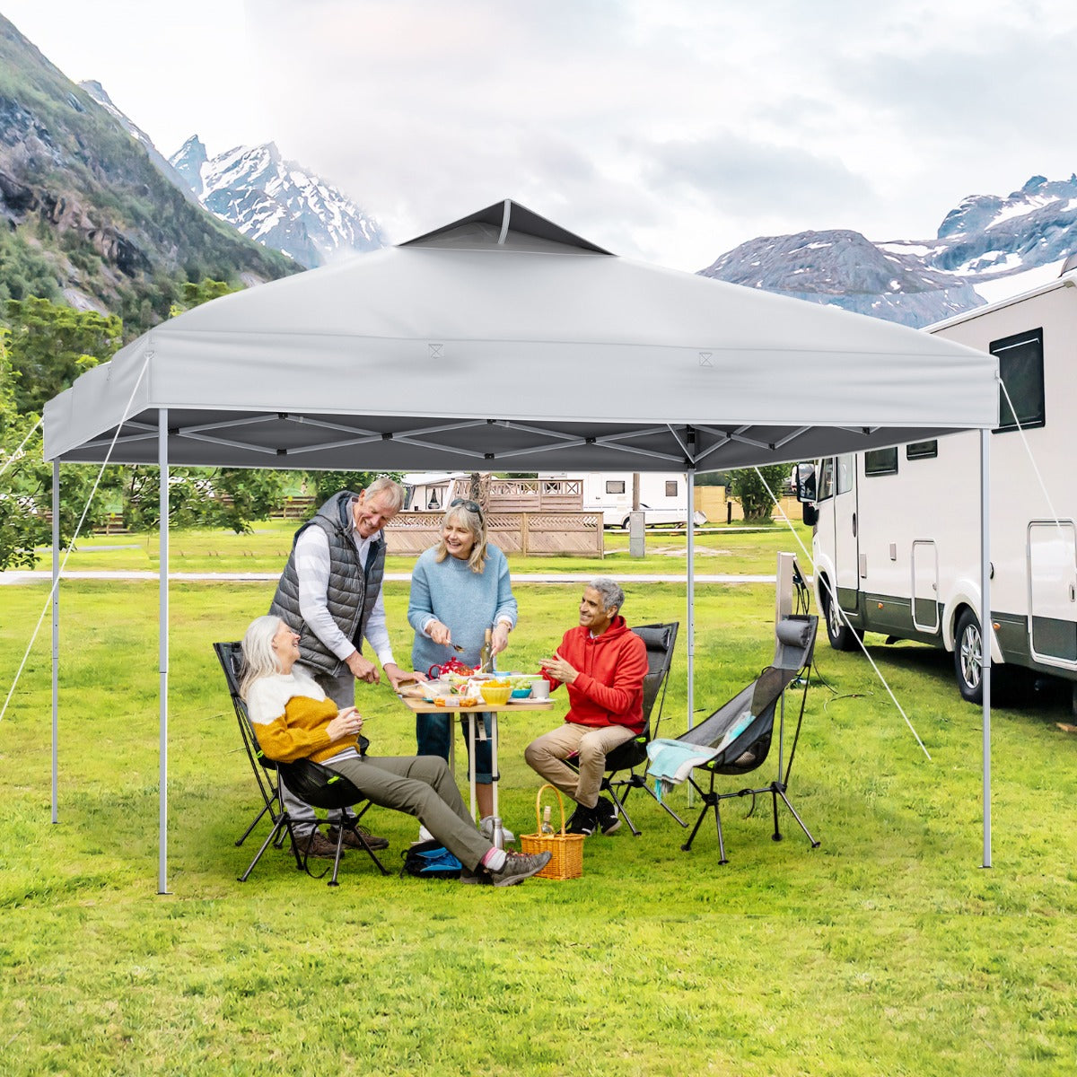 Gazebo pieghevole per patio all'aperto con blocco centrale, Gazebo pop-up da 295 x 295 cm Bianco-Gazebo