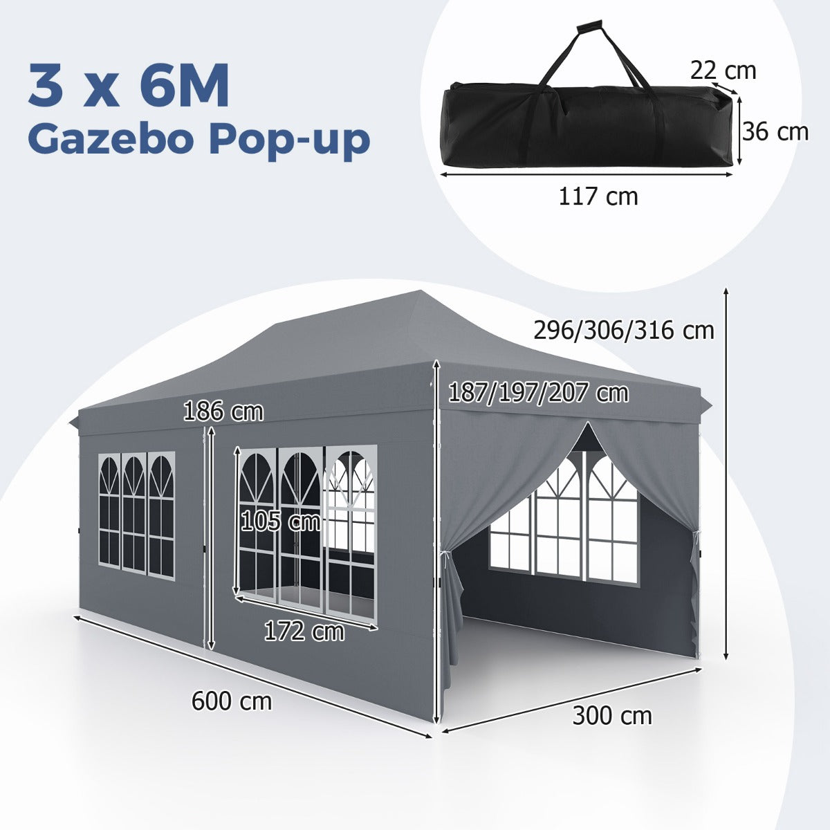 Gazebo pop-up con 6 pareti laterali e ingressi con cerniera, Gazebo istantaneo portatile per festa e picnic 3 x 6 m Grigio-Gazebo