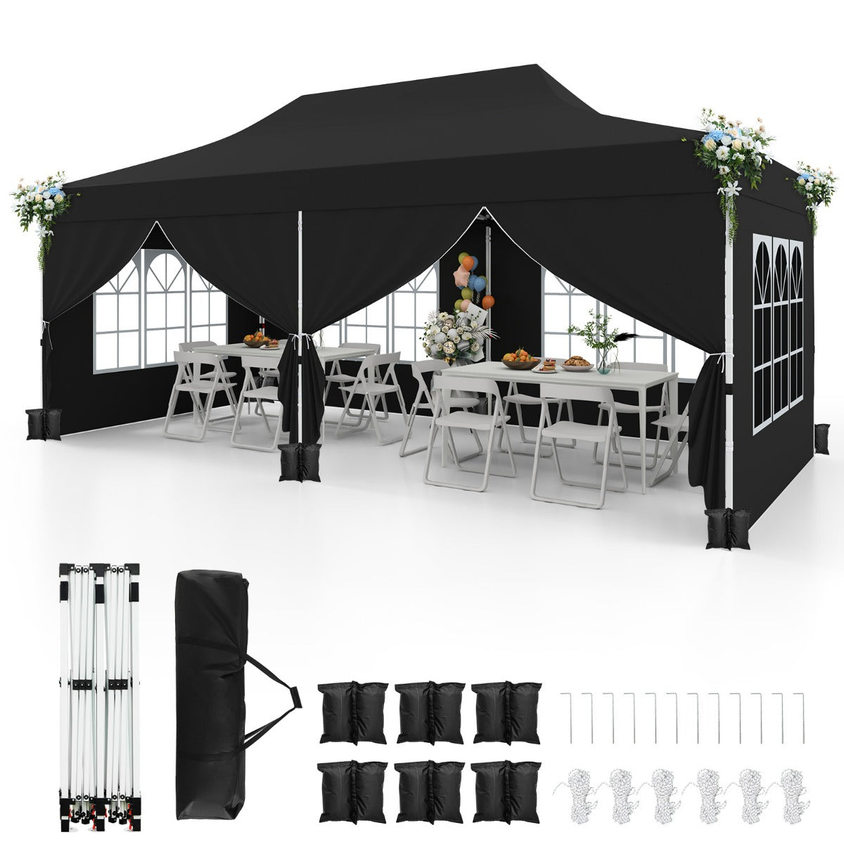 Gazebo pop-up con 6 pareti laterali e ingressi con cerniera, Gazebo istantaneo portatile per festa e picnic 3 x 6 m Nero-Gazebo