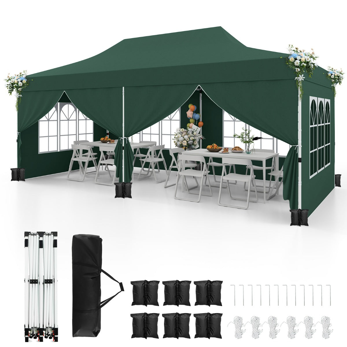 Gazebo pop-up con 6 pareti laterali e ingressi con cerniera, Gazebo istantaneo portatile per festa e picnic 3 x 6 m Verde-Gazebo