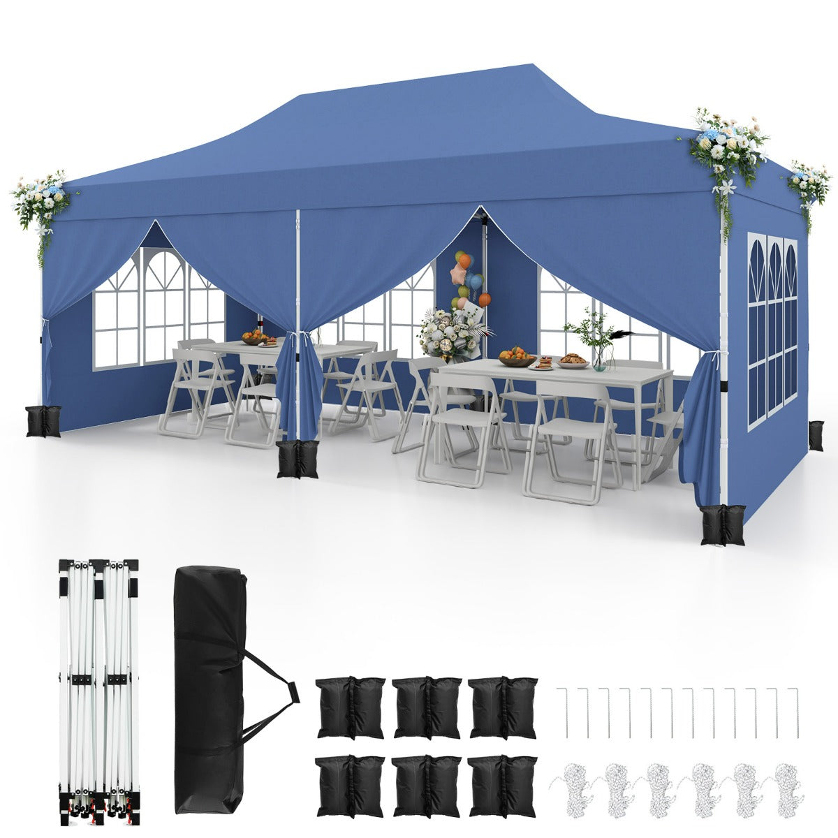 Gazebo pop-up con 6 pareti laterali e ingressi con cerniera, Gazebo istantaneo portatile per festa e picnic 3 x 6 m Blu-Gazebo