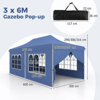 Gazebo pop-up con 6 pareti laterali e ingressi con cerniera, Gazebo istantaneo portatile per festa e picnic 3 x 6 m Blu-Gazebo