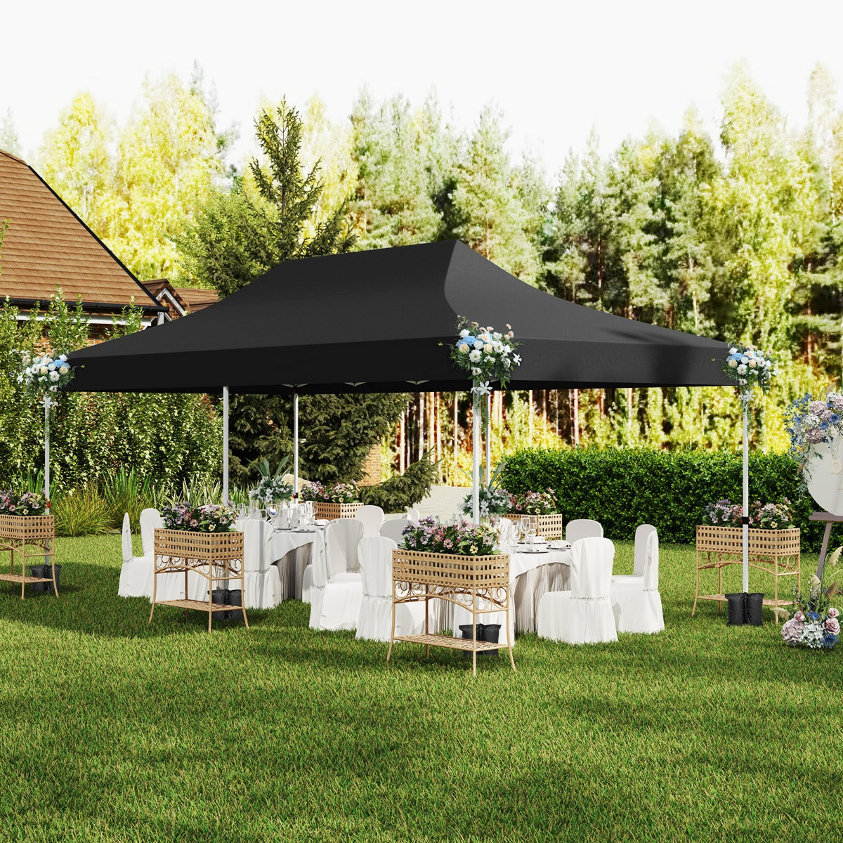 Gazebo pop-up con 6 pareti laterali e ingressi con cerniera, Gazebo istantaneo portatile per festa e picnic 3 x 6 m Nero-Gazebo