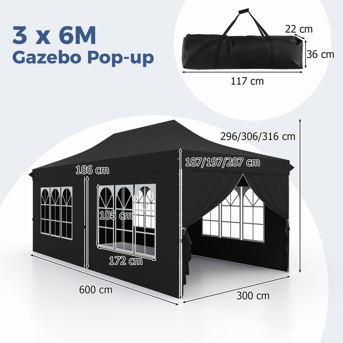 Gazebo pop-up con 6 pareti laterali e ingressi con cerniera, Gazebo istantaneo portatile per festa e picnic 3 x 6 m Nero-Gazebo