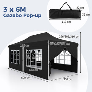 Gazebo pop-up con 6 pareti laterali e ingressi con cerniera, Gazebo istantaneo portatile per festa e picnic 3 x 6 m Nero-Gazebo