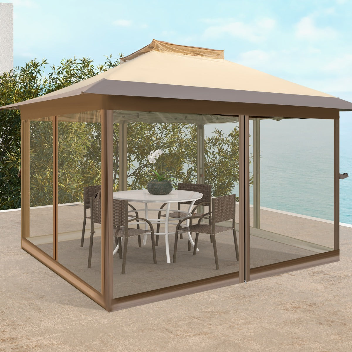 Gazebo pop-up 358x358cm con rete laterale a 4 lati cima ventilata borsa da trasporto, Tenda gazebo istantanea Marrone-Gazebo
