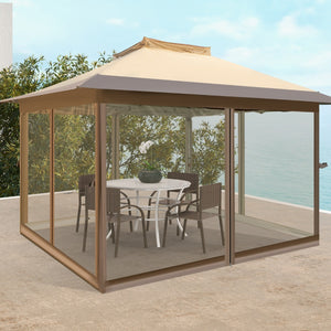 Gazebo pop-up 358x358cm con rete laterale a 4 lati cima ventilata borsa da trasporto, Tenda gazebo istantanea Marrone-Gazebo