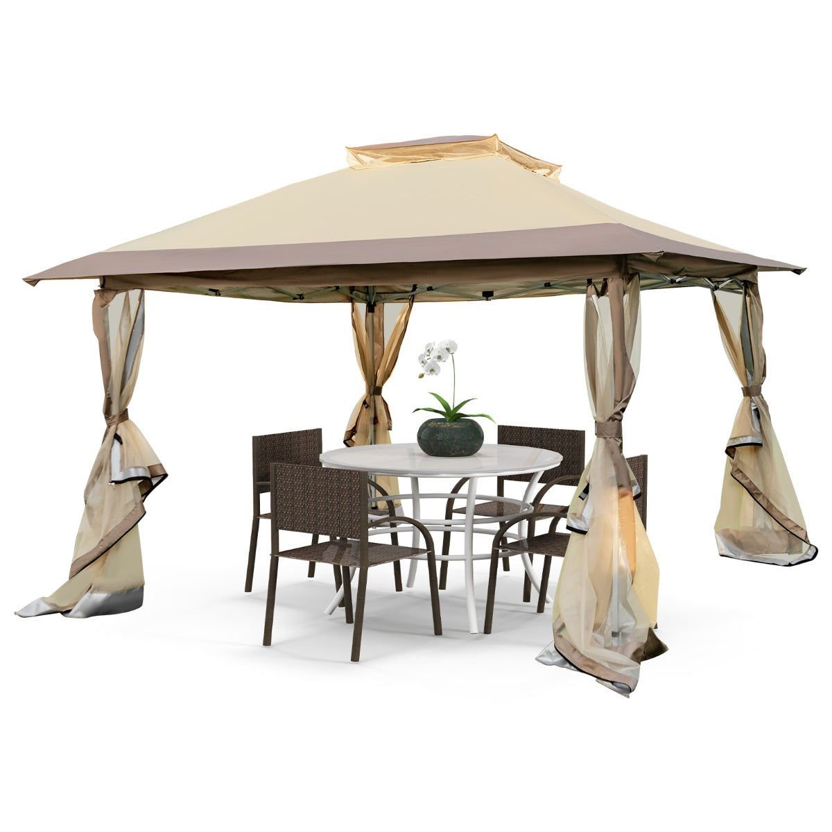 Gazebo pop-up 358x358cm con rete laterale a 4 lati cima ventilata borsa da trasporto, Tenda gazebo istantanea Marrone-Gazebo