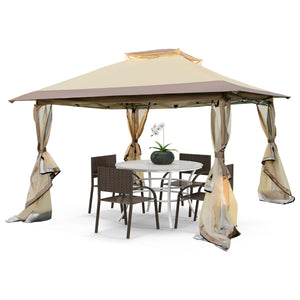 Gazebo pop-up 358x358cm con rete laterale a 4 lati cima ventilata borsa da trasporto, Tenda gazebo istantanea Marrone-Gazebo