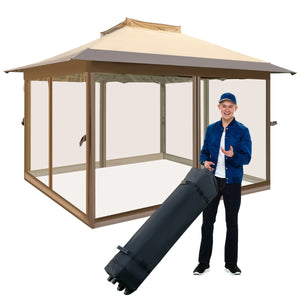 Gazebo pop-up 358x358cm con rete laterale a 4 lati cima ventilata borsa da trasporto, Tenda gazebo istantanea Marrone-Gazebo
