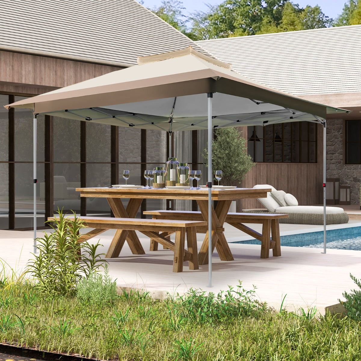 Gazebo pop-up 358x358cm con cima ventilata borsa da trasporto con ruote, Tenda gazebo istantanea per patio Marrone-Gazebo