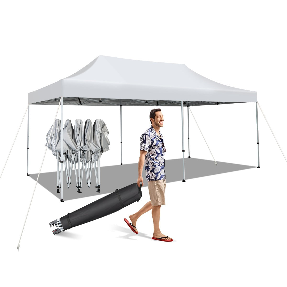 Gazebo regolabile e pieghevole 6x3M con ruote e borsa portatile, Tenda impermeabile per feste e campeggi Bianco-Gazebo