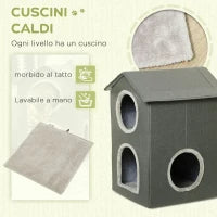 Casetta per Gatti a Due Livelli con Cuscini Lavabili 3 entrate, 42x46x59.5 cm, Grigio