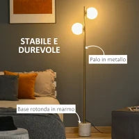 Lampada da Terra con 2 Paralumi a Sfera e Interruttore a Pedale, 35x35x165cm, Oro e Bianco