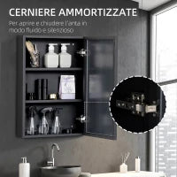 kleankin Specchiera Bagno in Acciaio con Armadietto a 3 Ripiani e Chiusura Ammortizzata, 40x12x60 cm, Nero
