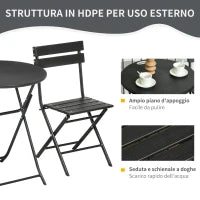 Set da Giardino 3 Pezzi con 2 Sedie e Tavolo Pieghevoli in Acciaio e HDPE, Grigio Scuro