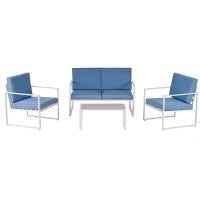 Salotto da Giardino, Divano da Giardino, Set Mobili da Esterno con Poltrona da Giardino in Metallo e Poliestere, Bianco e Blu