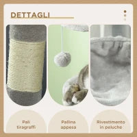 Tiragraffi per Gatti in Truciolato con Palo in Sisal, Casetta e Posatoi, 65x30x104 cm, Grigio Chiaro