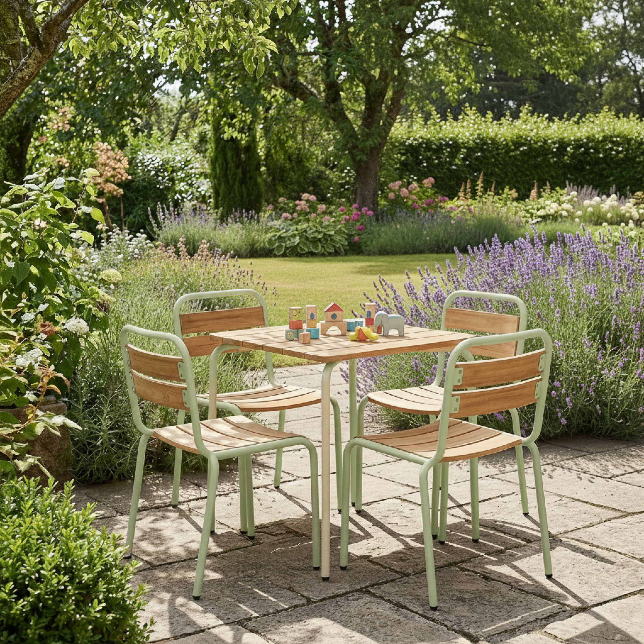 Tavolo da giardino per bambini in acciaio e decorazione in legno, 4