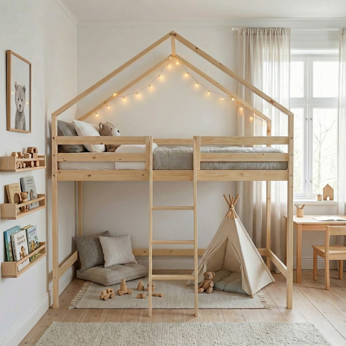 Letto a soppalco per bambini cabina 190cm in pino naturale, marrone