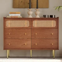 Credenza cucina Vintage con 6 Cassetti con Rattan e Maniglie Dorate per Camera da Letto e Soggiorno, Noce