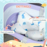 Vaschetta Bagnetto Pieghevole Bambini 0-6 Anni con Cuscino e 2 Ripiani, 83x48x23.5 cm, Viola e Bianco