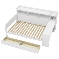 Divano letto multifunzionale 90x200 cm, con mensola per comodino, 2 cassetti e scrivania integrata, senza materasso, Bianco