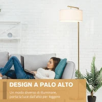 Lampada da Terra Moderna in Metallo e Paralume in Tessuto, Lampada da Lettura E27 47x37x153cm, Oro e Bianco