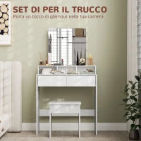 Tavolo da Trucco con Specchio, 3 Ripiani, 2 Cassetti e Sgabello, in Legno, 75x38x135 cm, Bianco