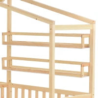 Letto per bambini a forma di casetta con cassetti e scaffali, senza materasso, 90x200 cm + 140x70 cm,naturale