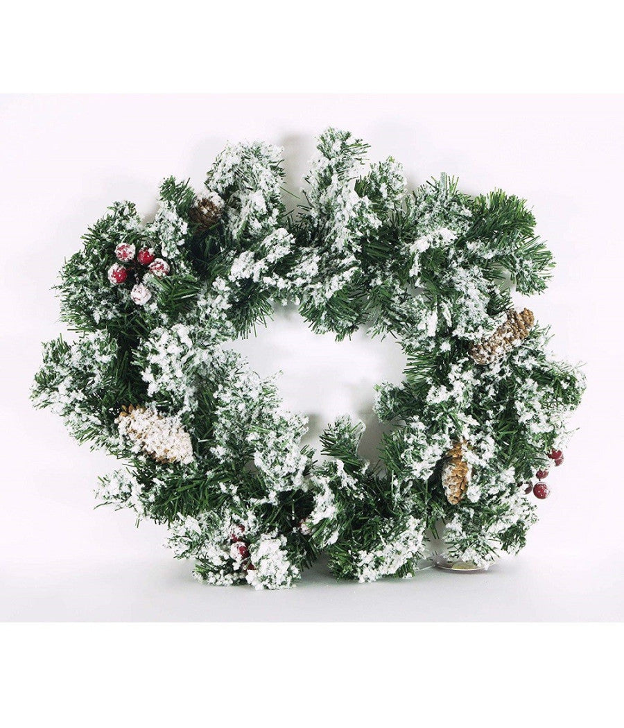 Ghirlanda Di Natale Innevata Vischio Pigna Bacche Rosse Bianca 40 Cm Decorazioni         