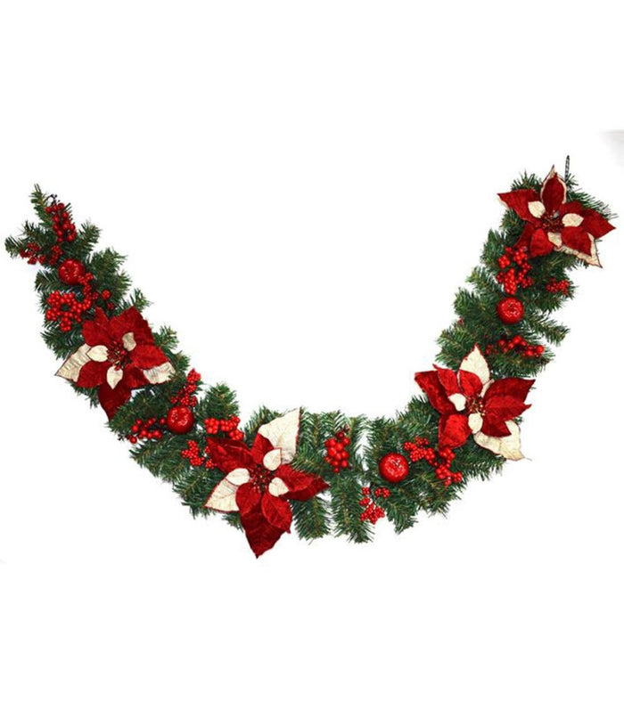 Ghirlanda Natalizia Stella Di Natale Fiori E Bacche Decorazioni Natalizie 180cm         