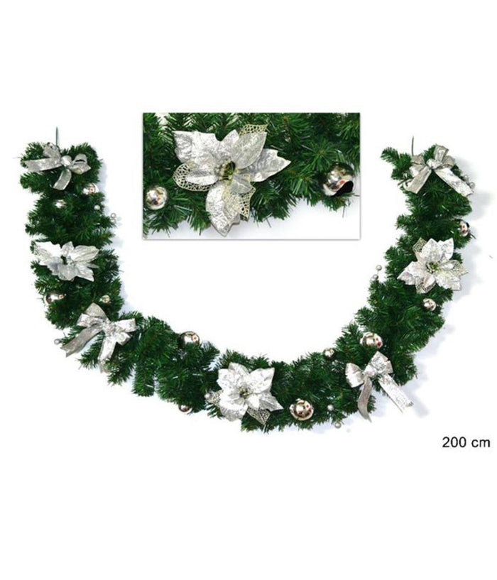 Ghirlanda Natalizia Stella Natale Fiori Palline Fiocchi 200cm Decorazioni Silver         