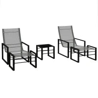 Set da Giardino da 5 Pezzi con 2 Poltrone, 2 Poggiapiedi e 1 Tavolo, Metallo Nero, Seduta in Tessuto Mesh, Grigio