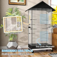 Gabbia per Uccelli con Ruote e Vassoio Estraibile, Voliera Alta 155 cm con Posatoi e Mangiatoie, Nero