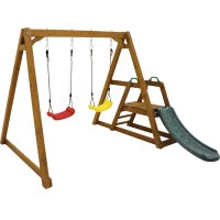Altalena in legno doppia per bambini con scivolo e scala da arrampicata, 239x240x169 cm, colore naturale