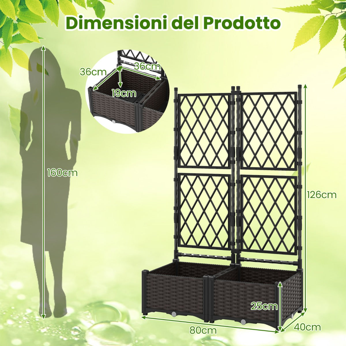 Letto da giardino rialzato con tralicci e drenaggio, Recinzione di privacy in piedi per patio balcone esterno Nero-Fioriere