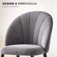 Set da 2 Sedie da Pranzo in Velluto Imbottite con Schienale a Conchiglia e Gambe in Metallo, Grigio