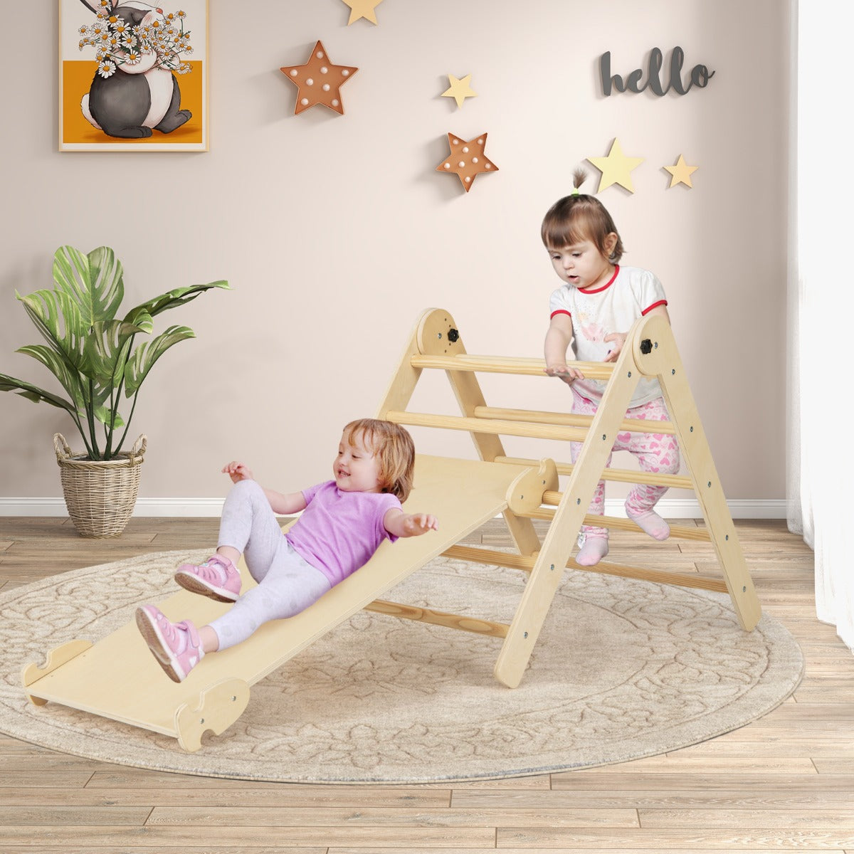 Giocattoli da arrampicata triangolari 3-in-1, Set di triangoli pieghevoli e regolabili in altezza per bambini Naturale-Arrampicate e scivoli